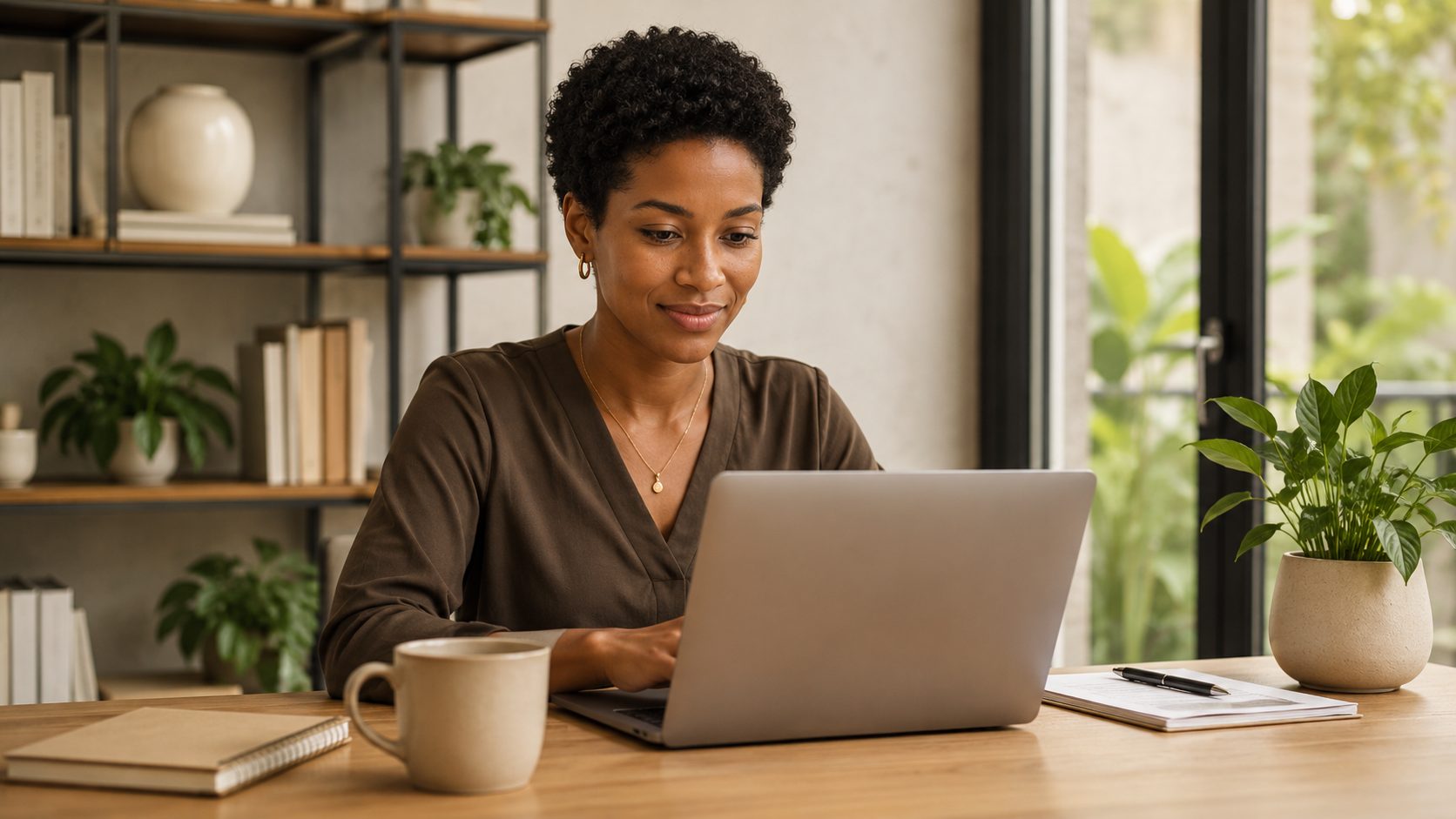 A recruiter working at her desk surrounded by plants