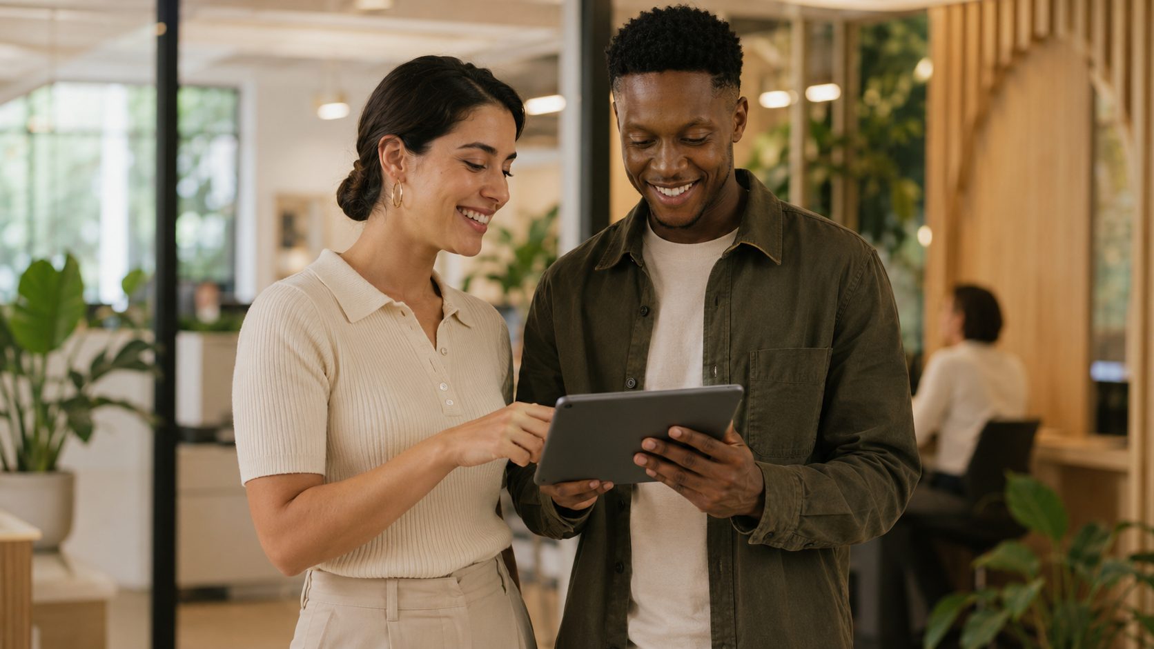 Two colleagues standing with a tablet, reviewing an interview record